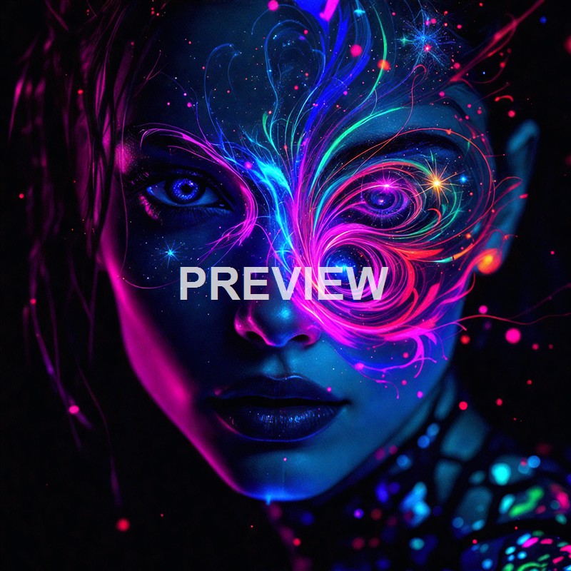A digital art portrait of a woman with glowing neon-like swirling patterns and bright colors emanating from her face, creating a cosmic or psychedelic effect.